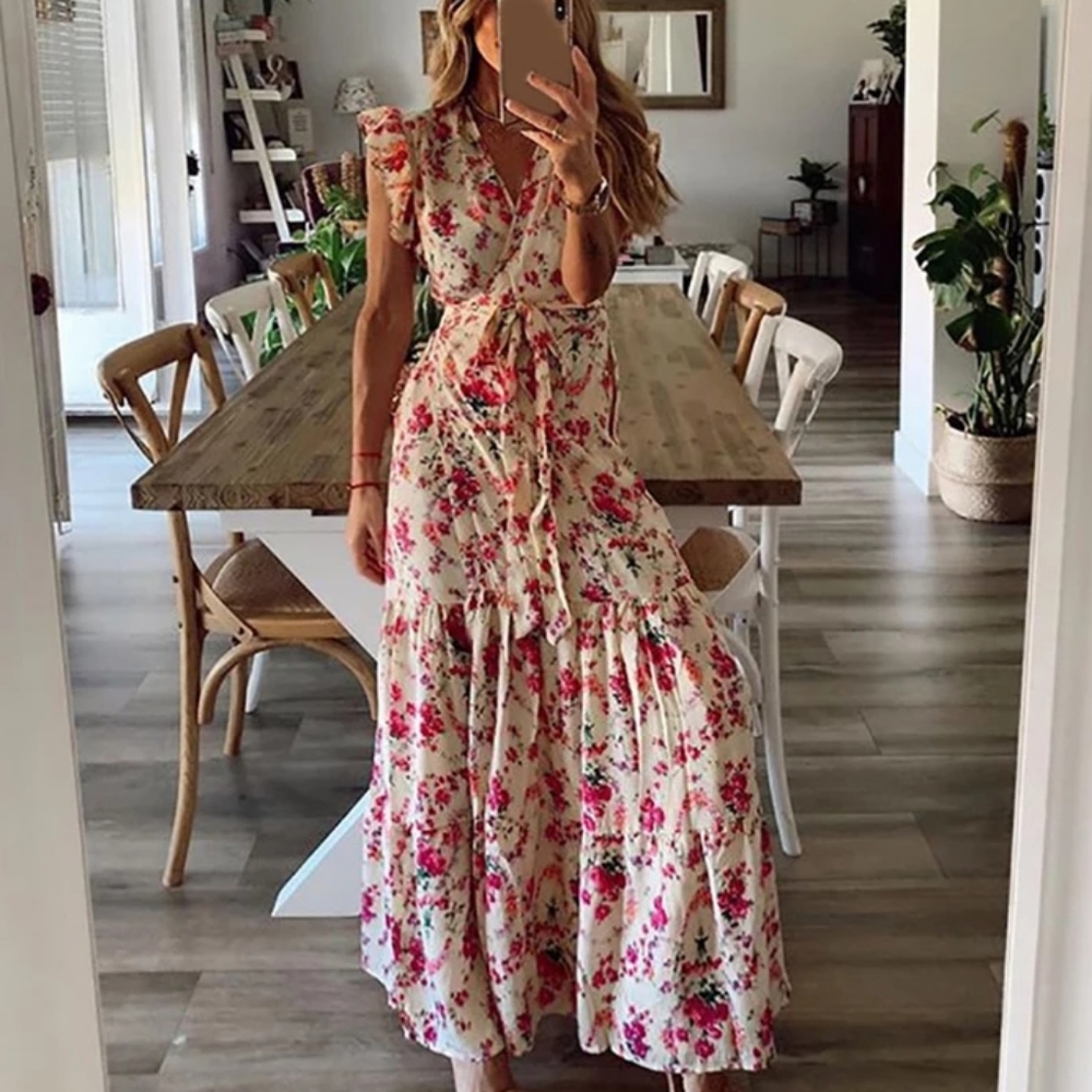 Maxi dress floral off white red V-neck ruffles S
